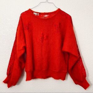 Vintage Red Italian Mohair and Wool Fuzzy Pullover Sweater With Lace Sleeves